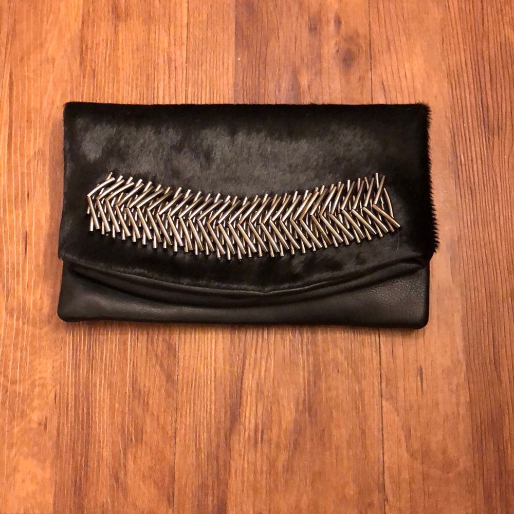 Black Leather & Faux Fur Clutch Purse